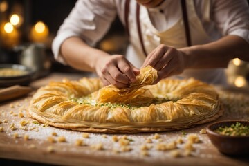 Wall Mural - A pastry chef meticulously layering delicate phyllo dough for a baklava dessert.