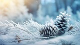 Fototapeta  - christmas background with pine cones and snow