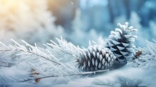 Christmas Background With Pine Cones And Snow