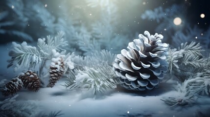 Canvas Print - christmas background with pine cones and snow