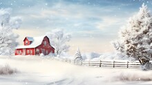 Red Barn In Christmas Winter