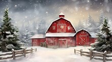 Red Barn In Christmas Winter