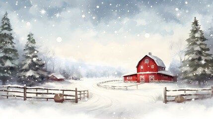 Sticker - red barn in christmas winter