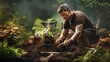 man working in the garden making a soil compost pit for gardening as a gardener created with Generative AI Technology