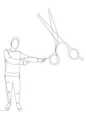 Wall Mural - One continuous line of Man pointing with finger at scissor. Thin Line Illustration vector concept. Contour Drawing Creative ideas.