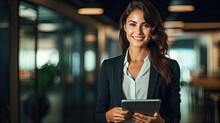 Beautiful Elegant Business Woman In Dark Business Clothes Holding Tablet And Looking At Camera Smiling Inside Office Building Created With Generative AI Technology