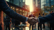  Two businessman shaking hands, business deals and congratulations on success concept, blur building city background.

