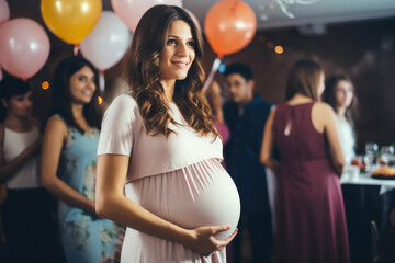 Canvas Print - Portrait of a beautiful happy pregnant woman at baby shower party with many friends