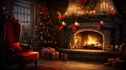 Poster - cozy fireplace with christmas decorations