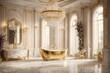  A luxurious bathroom with marble walls and gold accents, featuring a freestanding bathtub and a crystal chandelier hanging from the ceiling