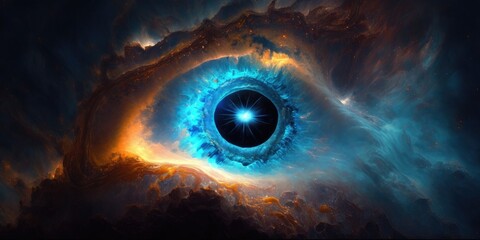 Wall Mural - bioluminescent iris in outer space nebula. glowing blue swirling orb. deep space cosmos galaxy.