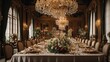  A lavish dining room, with a long table set for a feast fit for royalty, surrounded by opulent decorations and twinkling lights