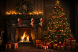 Fototapeta Nowy Jork - christmas tree and fireplace