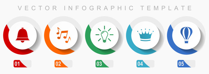 Aufkleber - Internet icon set, miscellaneous icons such as bell, music, light bulb, crown and ballon, flat design vector infographic template, web buttons in 5 color options