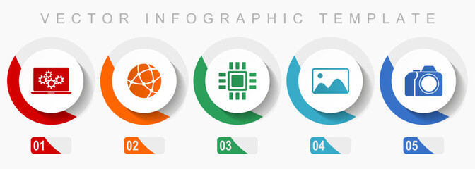 Leinwandbilder - Computer and technology icon set, miscellaneous icons such as laptop, network, chip, image and photo camera, flat design vector infographic template, web buttons in 5 color options