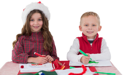 Poster - Digital png photo of caucasian children drawing pictures on transparent background