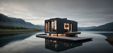 Minimalist Tiny Home Made Of Gray Slate, Perched On The Edge Of A Lake, With A Unique Architectural Design That Blends Seamlessly With The Natural Landscape 