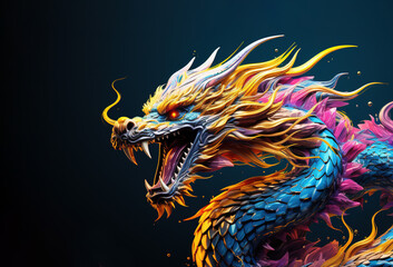 Image of fantasy colorful china dragon. Mythical creatures.  Illustration, Generative AI.