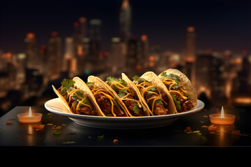 Wall Mural - mexican tacos at night. three tacos on tray in the city by night