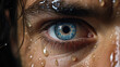 Human eyes with cold blue gray pupils shed tears as a cry of loneliness and deep sadness with air droplets created with Generative AI Technology