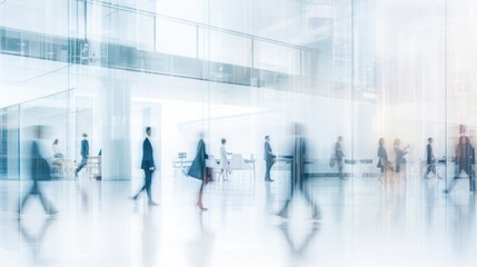 Wall Mural - Blurred business people in white glass office background.