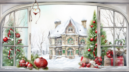 beautiful watercolor white arched window decorated with house snow ball ornament gift box and christ
