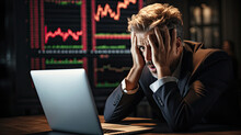 Man with business suit and laptop looks worried and feels anxious headache looking at falling prices diagram in stock market created with Generative AI Technology