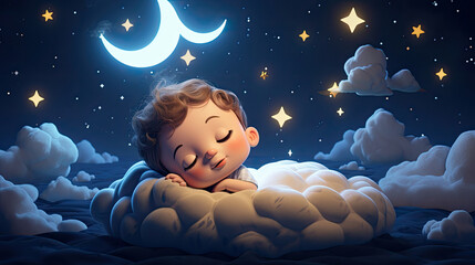 lullaby background with stars and moon cartoon baby boy sleeping with eyes closed in half moon clouds