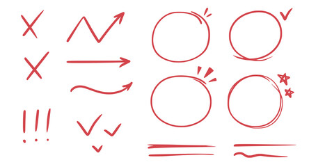 Sticker - Red line check mark, underline, circle. Hand drawn doodle sketch red marker stroke emphases, highlight, check mark elements. Study focus, important underline, circle sketch. Vector illustration.