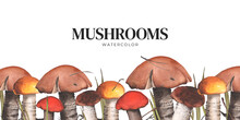 Edible Mushrooms. Porcini. Horizontal Banner For Text. Watercolor Illustration On A Forest Theme. For Background Design, Textiles, Packaging