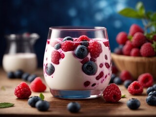 Wall Mural - Yogurt with blueberries and raspberries.