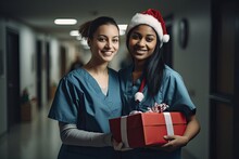 Doctors Exchanging Christmas Gifts In The Hospital