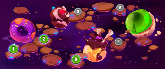 Wall Mural - candy space game level map ui illustration vector. chocolate background with food planet for fantasy