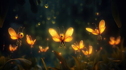 Wall Mural -  a group of yellow butterflies flying over a lush green field.  generative ai