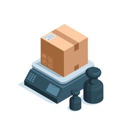 isometric box on electronic scales and weight, in color on a white background, weight of a parcel or product