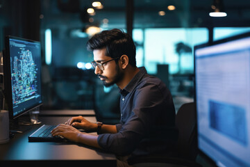 Software developer, IT,  looking at his screen at his work station, desk, in a big open space