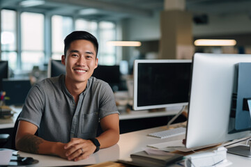 Software developer, IT,  smiling at the camera at his work station, desk, in a big open space