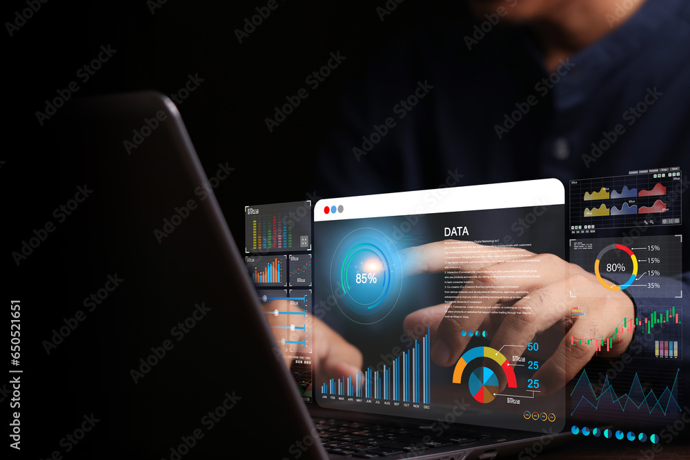 Data analyst working on business analytics dashboard with charts, with ...