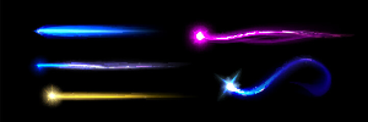 Wall Mural - set of missile light trails isolated on black background. vector realistic illustration of rocket, m