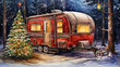 rustic camper van car with christmas tree on the trailer watercolor painting created with Generative AI Technology