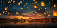 A Scene From The Sky With Paper Lanterns Floating Above It. Floating Lanterns Festival. Generative AI