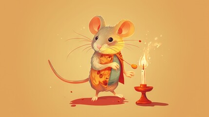 Sticker -  a cartoon mouse holding a lit candle and standing next to a lit candle.  generative ai