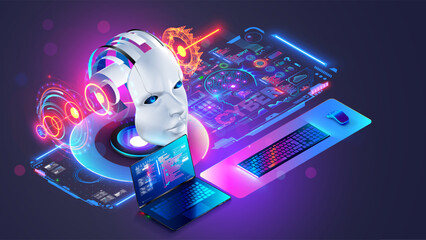 Leinwandbilder - AI software development concept. Artificial Intelligence in image Robot head on desk of engineer. Programming, learning Artificial neural networks. Futuristic computer interface of configurations AI.