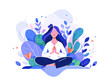 Girl meditating illustration, floral nature, blue and purple and pink