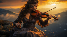 Inspirational female violinist atop mountain peak, immersed in solitude, liberally unleashing creativity against backdrop of breathtaking sunset.