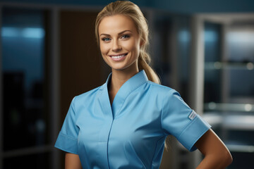 Wall Mural - Woman wearing blue uniform strikes pose for photo. This image can be used for various purposes, such as corporate brochures, website banners, or promotional materials.