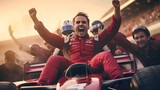 Fototapeta  - F1 racer on the car celebrate after winning the race