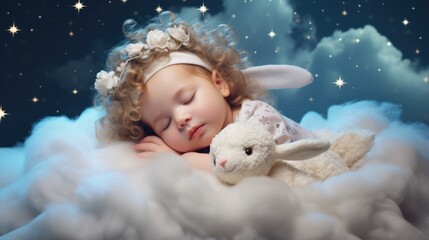 Poster - A little girl sleeping on a cloud with a stuffed animal