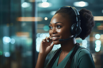 Wall Mural - Woman wearing headset is engaged in phone conversation. This image can be used to depict communication, customer service, or technology-related concepts.