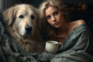 A woman with a dog is drinking coffee on the sofa. The concept of home comfort. generative ai.